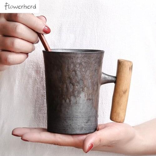Japanese Style Ceramic Coffee Mug Tea Mug Teaware with Wooden Handle Vintage Tumbler Rust Glaze Porcelain Pottery Tea Milk Cup