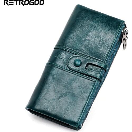 RETROGOO Genuine Leather Women Wallet Coin Purse Long Card Holder Zipper Pocket Lady Wallets Female Money Bag RFID Girls Cartera