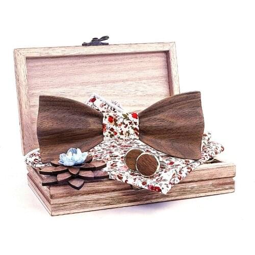 Linbaiway Manual Wooden Bow Tie Handkerchief Cufflinks Brooches Set Mens Wood Bowtie Suit Wedding Gravata Cravate Homme