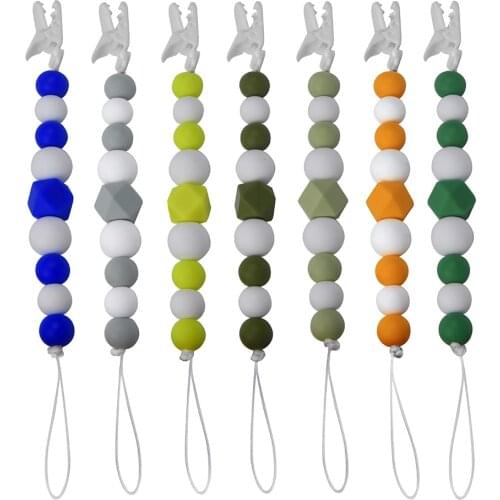 Mabochewing 1PCS Solid Colors Silicone Hexagon Round Beads Baby Teether Pendant Holder Teething Pacifier Clips Chain