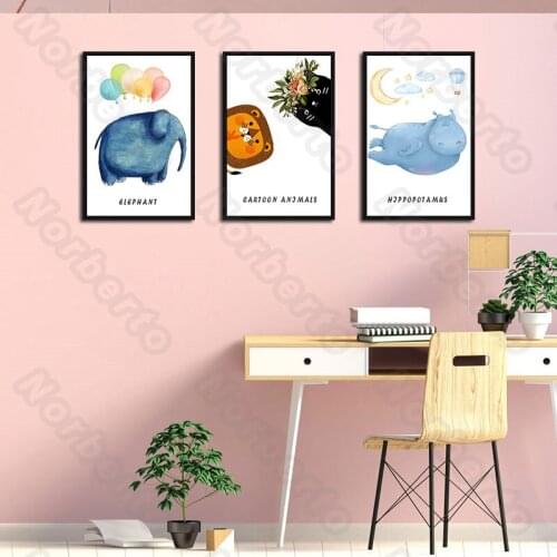 Cartoon Pictures Canvas Painting Poster Big Elephant Colorful Balloons Cute Cats Light Blue Hippopotamus for Home Rooms Decorati