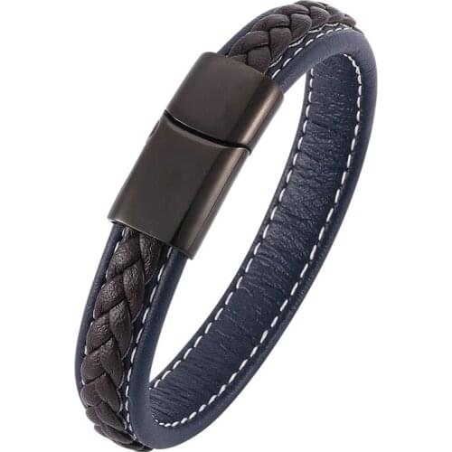 Male Jewelry Gift Fashion Braided Leather Bracelet of Men Stainless Steel Magnetic Clasp Punk Bangles BB0010