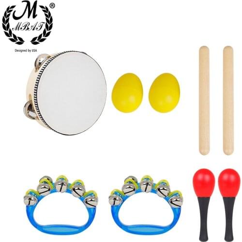 M MBAT 5Pcs/Set Orff Instrument Set 6 Inch Black Lamb Chop Tambourine Sand Egg Rhythm Stick Childrens Percussion Instrument Set