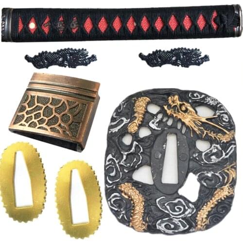 A Set of Sword Handle/Alloy Guard For Katana/Wakizashi/Tanto Tsuba+Menuki+Fuchi+Kashira+Habaki+Seppa DIY Fittings W/Dragon