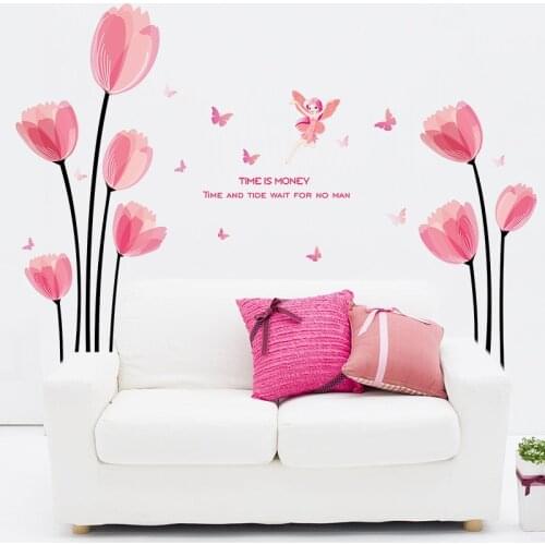 Pink Tulip Flower Wall Stickers Beautiful Butterfly Home Decor for Bedroom Living Room Art PVC Vinyl House Decoration