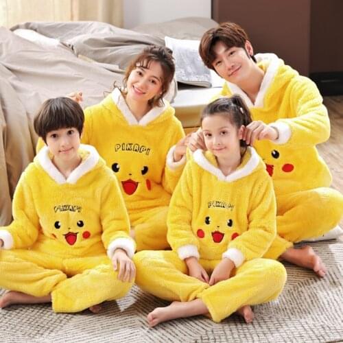 Unisex Adult Couple Family Pajamas Set Women Kids Winter Velvet Sleepwear Thicken Warm Flannel Pyjamas Cartoon Cute Home Service
