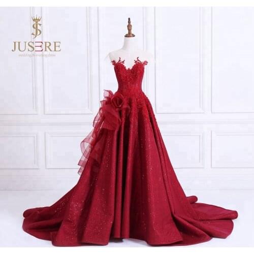 Luxury Jusere Red A-Line Appliqued Beaded evening dress sleeveless Prom Dresses Evening Party Gown