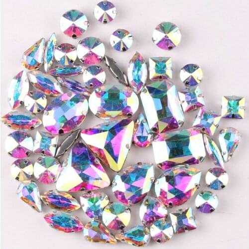 Silver claw setting 50pcs/bag 11 shapes mix clear AB glass crystal sewing rhinestone Crystals wedding dress shoes bags diy trim