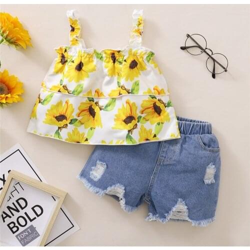 Baby Girl Summer 2 Pieces Kids Childrens Sets Toddler Girls Sleeveless Flower Print Tank Tops + Elastic Waist Denim Shorts