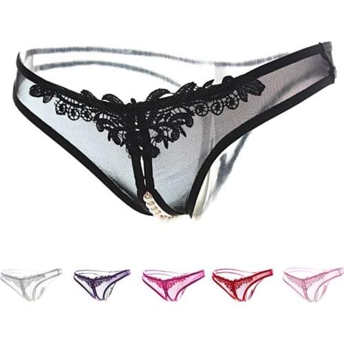 Women Sexy Lingerie Porn Crotchless Panties Cute Open Crotch Floral Lace Underwear Couple Sex Wear Flirty G-string with Pearl