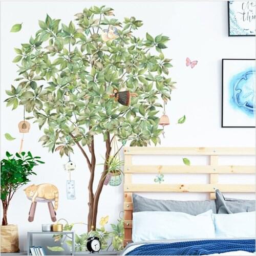 Green Plant Tree Wind Chime Cat Wall Sticker TV Sofa Background Wallpaper Creative Living Room Bedroom Wall Mural