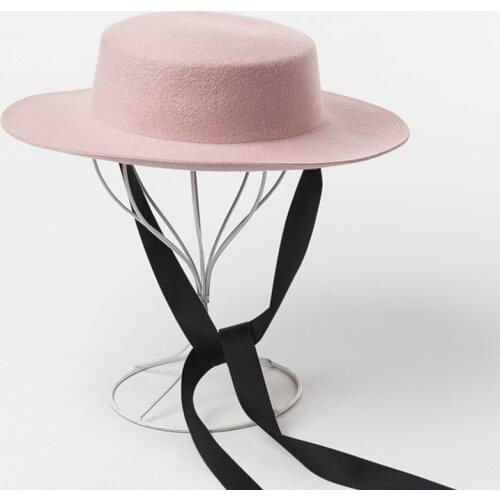 WeMe New Style Winter Shallow Flat Belt Bind 100% Wool Hat Lady Shopping Tourism Felt Flat Hat