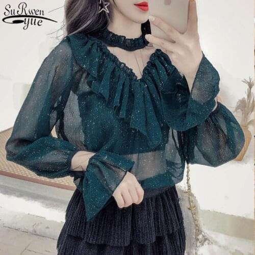 2021 Autumn Sexy Lace Shirts Woman Blouses Solid Shirts All-match Korean Tops Stitching Mesh New Office Lady Clothes 10612
