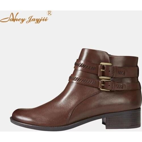 Female Ankle Boots Brown Lady Adult Shoes Med Square heel Round Toe Zipper Buckle Spring/Autumn Mature Elegant Fashion 2019