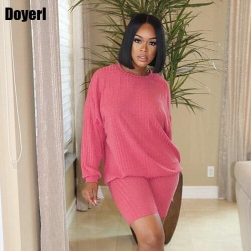 Autumn Women Two Piece Outfits Matching Sets Knitted Ribbed Top and Shorts Set Suit Casual Tracksuit Women 2 Piece Winter Sets