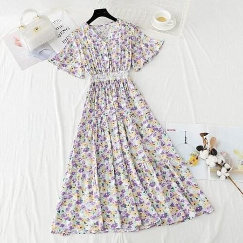 Vintage Women Summer Long Dress Elegant Short sleeve Ladies V-neck Floral Print Cotton Linen Dresses 2021 Womens Clothing