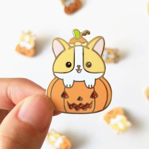 Cartoons Shiny Pumpkin Corgi Hard Enamel Pin Pastel Cute Animal Puppy Brooch Fashion Backpack Badge Jewelry Halloween Gift