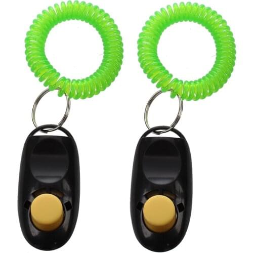 2Pcs Pet Dog Cat Button Click Clicker Trainer Training Obedience Aid Wrist Strap Black plastic