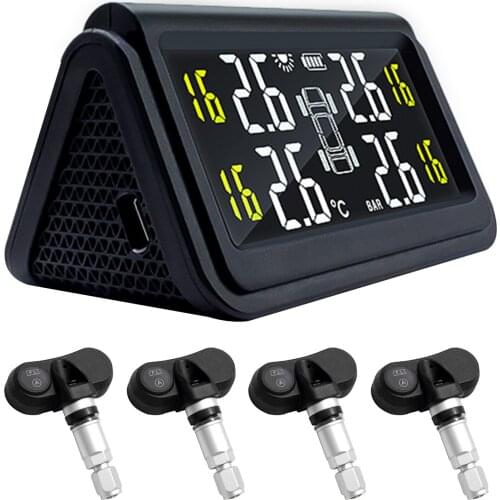 Car TPMS Solar Wireless Tire Pressure Monitor Monitoring System HD Digital LCD Display Auto Alarm System With 4 Sensor