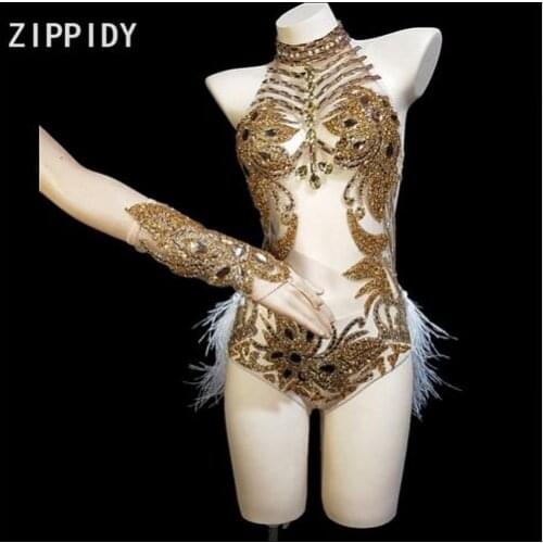 2019 Sexy Fashion Gold Rhinestones Halter See Through Mesh Bodysuit Feather Tail Celebrate Nightclub Singer Dance Outfit