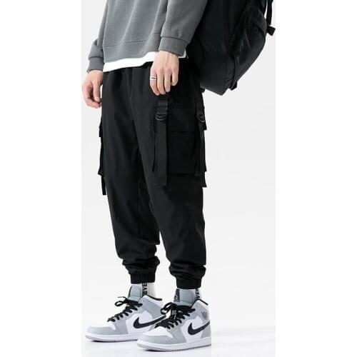 Nice Men Ribbons Streetwear Cargo Pants Nice Autumn Hip Hop Joggers Pants Men Overalls Black Fashions Baggy Male Trousers