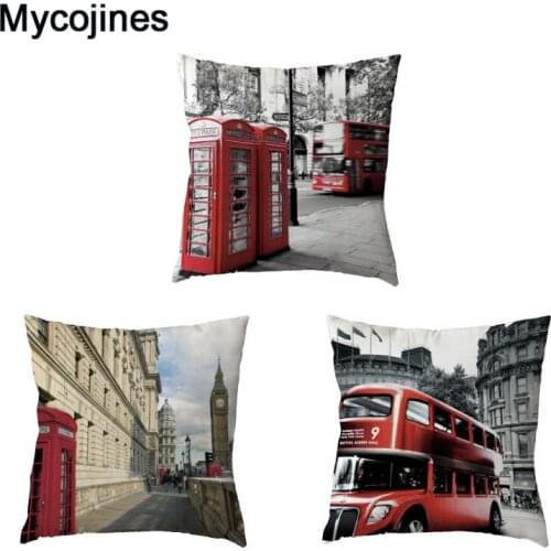 White Cushion Cover London Big Ben Red Bus Home Sofa Car Decorative Beauty Chair Polyester Peach Skin British Style Pillow Cases