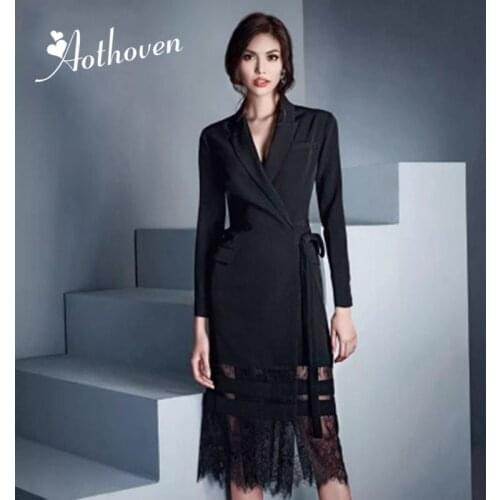 Black Notched Long Sleeve Womens Dress Office Ladies Elegant Vintage Spring Suit Dresses Sexy Party Long Lace Straight Dress