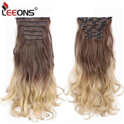 Leeons 22 Inch Long Curly Fake Hair Clip 16 Clip On Hair Extension Natural Synthetic Hair Heat Resistant Fiber Hair Ombre Color