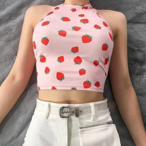 Summer Fashion New Sexy Women Strawberry Print Crop Top Halter Vest Bustier Bralette Bras Pullover Corset Tank Top T-Shirt