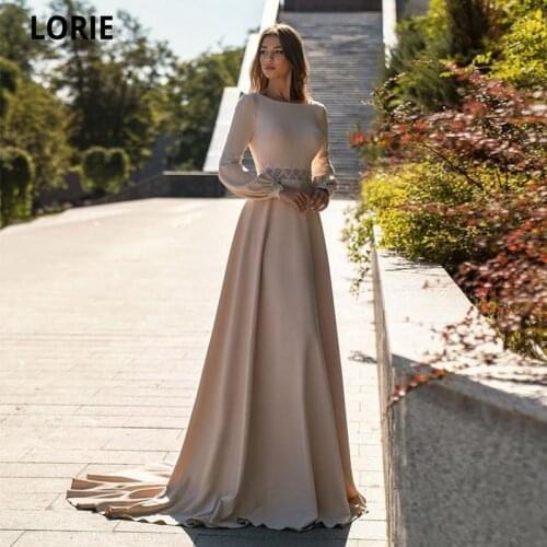 LORIE Elegant A Line Long Prom Dresses 2021 Scoop Neck Evening Gowns Women Long Sleeve Waist Crystals Special Occasion Dress