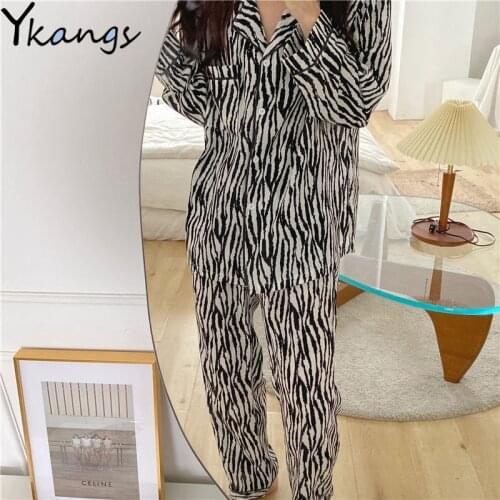 Fashion Zebra Pattern Sleepwear 2PCS Set Home Clothes For Women Full Sleeve Pajamas For Women Pyjama Femme Ete Pijamas Mujer