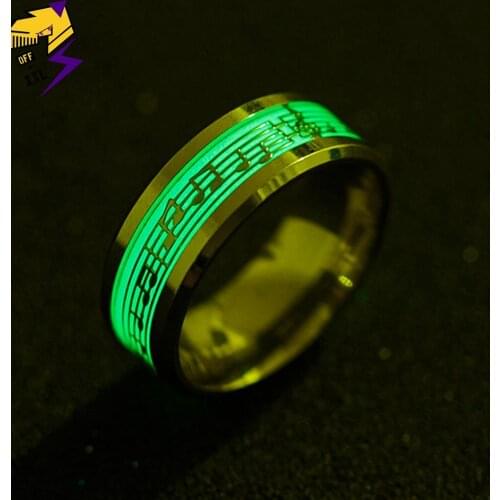 Trendy Piano Music Note Luminous Rings for Men Women Green Light Stainless Steel Glow in Dark Wedding Band Rings Fashion Jewelry