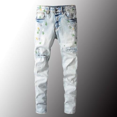 New Mens Painted Bandanna Paisley Patchwork Jeans Streetwear Slim Skinny Stretch Denim Pencil Pants Trousers Size 40