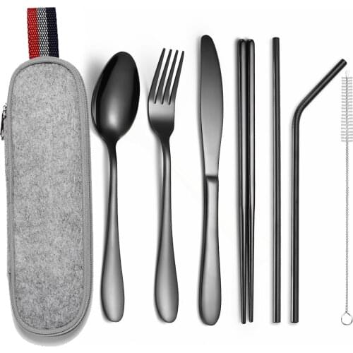 Black Tableware Set Stainless Steel Cutlery Set Portable Dinner Set 8 Pieces Dinnerware with Box Travel Picnic Eco Friendly