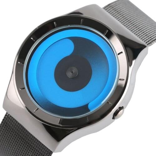 Neutral Creative Rotating Pointer Mens Watches Color Gradient Women Dress Sports Luxury Steel Mesh Wristband Fashion Quartz Gift