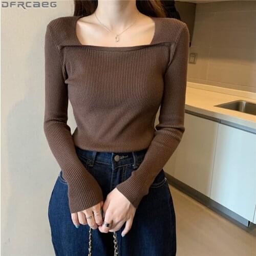 Autumn Winter Sweaters For Women Slim Stretch Korean Knitted Sweater Long Sleeve Basic Ladies Tops White Black Brown Pullovers