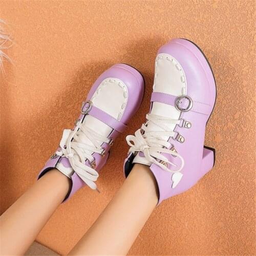 PXELENA 6 Colors 2020 Princess Lolita Cosplay Costume Ankle Boots Buckle Heart Shaped Chunky Med Heel Gothic Shoes Large Size 45