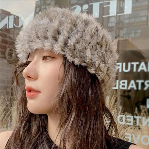 Russian Cossack Style Real Angora Fur Headband for Women Knit Furry Hair Band Femme Luxury Winter Weave Earmuff Topless Hat Ski