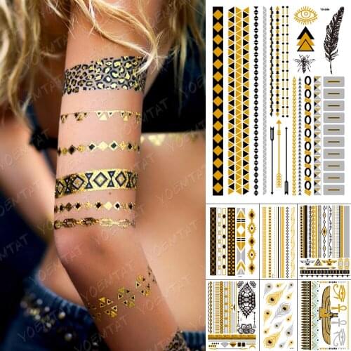 Waterproof Temporary Tattoo Sticker Chain Bracelet Black Gold Metallic Flash Tatoo Boho Party Cool Jewelry Glitter Body Art