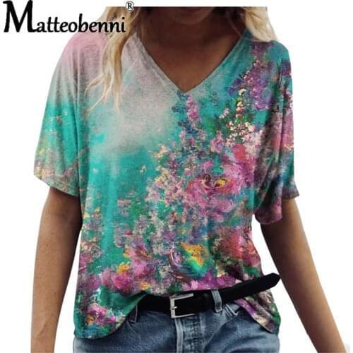 Tie Dye 3D Floral Print Women T Shirts Casual Short Sleeve Loose Plus Size Tops Fashion Street Ladies V-Neck Summer Tee 2021 New