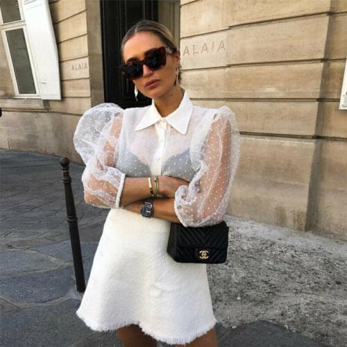 Hot Women Mesh Sheer Blouse See-through Long Sleeve Top Shirt Blouse Fashion Pearl Button Transparent White Shirt Female Blusas