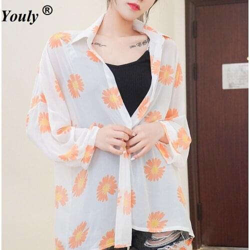 Daisy Printed Sunscreen Blouse Shirt 2020 Casual Loose Cardigan Transparent Chiffon Shirt Womens Sexy Design Thin Sunscreen Top