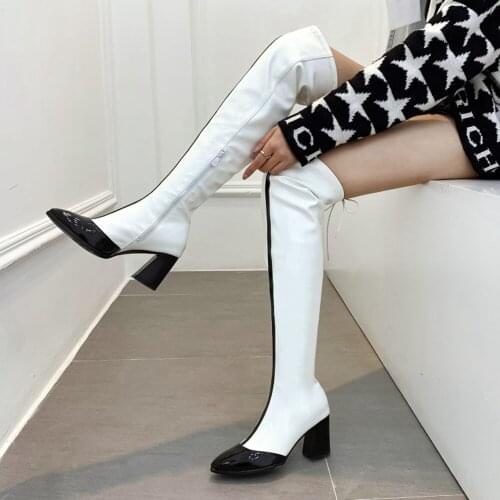 BLXQPYT Fashion Women Long Rain Zapatos De Mujer Booties White Black Botas Over Knee High De Couro Heel 7.5cm Boots Shoes 88-14