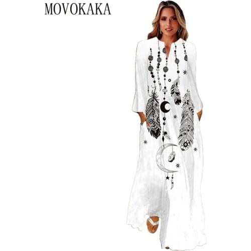 MOVOKAKA Feather Print White Dress 2021 Long Sleeve V-neck Casual Breathable Dresses Woman Elegant Girls Autumn Long Dress Women