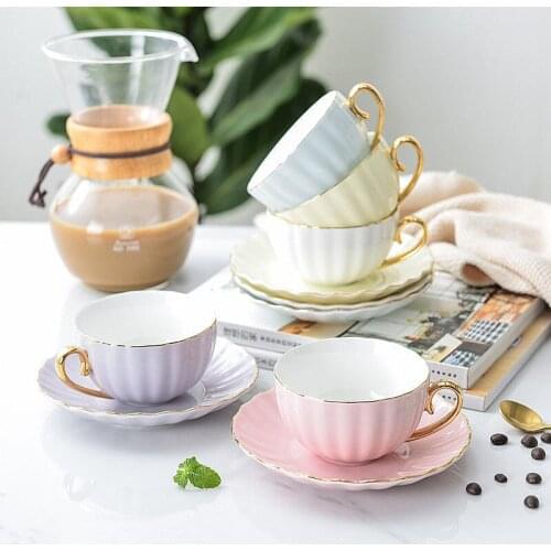 7 Colors Pink Bone China Coffee Cup And Saucer Spoon One Set 200ML English Afternoon Tea Cups Party Coffeeware Coffee Mug Cups
