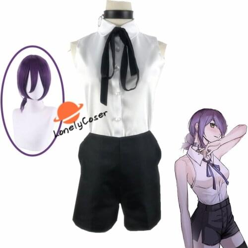 Anime Chainsaw Man Reze Cosplay Costume Purple Wig Shirt Suit Collar Shorts Halloween Party Role Play Uniform Girls Women