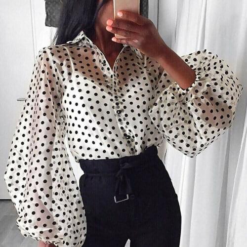 Polka Dot Retro Women Blouse Ladies Early Autumn Modern Mesh Vogue See-through Loose Button Lantern Sleeve Shirt High Street Top