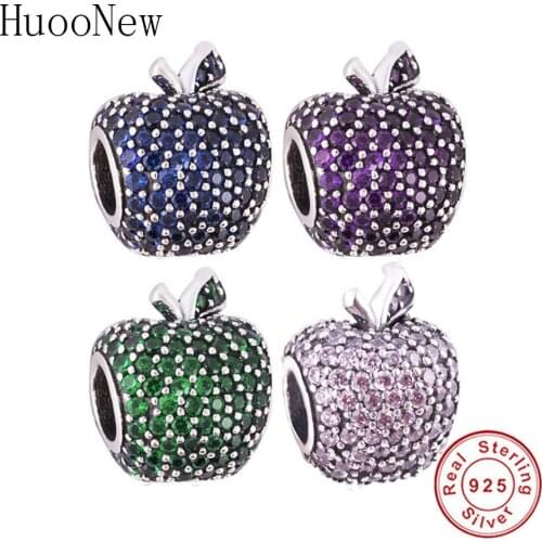 Purple Green Pink Blue CZ Apple Bead Fit Original Charms Bracelet 925 Sterling Silver Jewelry For Christmas Gift Pulsera