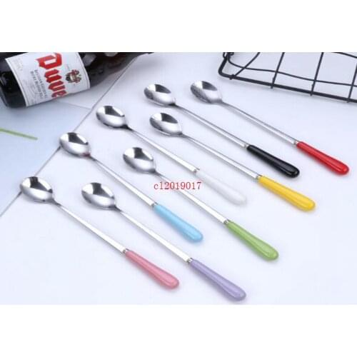 Ceramic handle stainless steel long ice spoon creative candy color mixing spoon