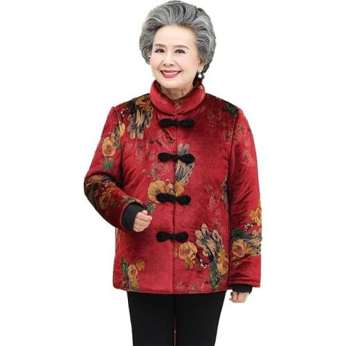 Aged Women Cotton Coat Retro Nation Standing Collar Large Size Plus Velvet Thickening Warm Cotton Coat Grandma Winter Jacket